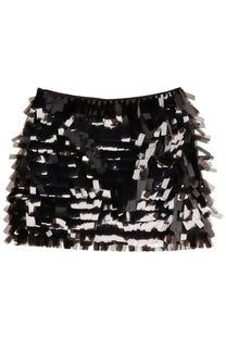 Staud women’s miniskirt max brown black and white sequined mini skirt with layered fringe detailing