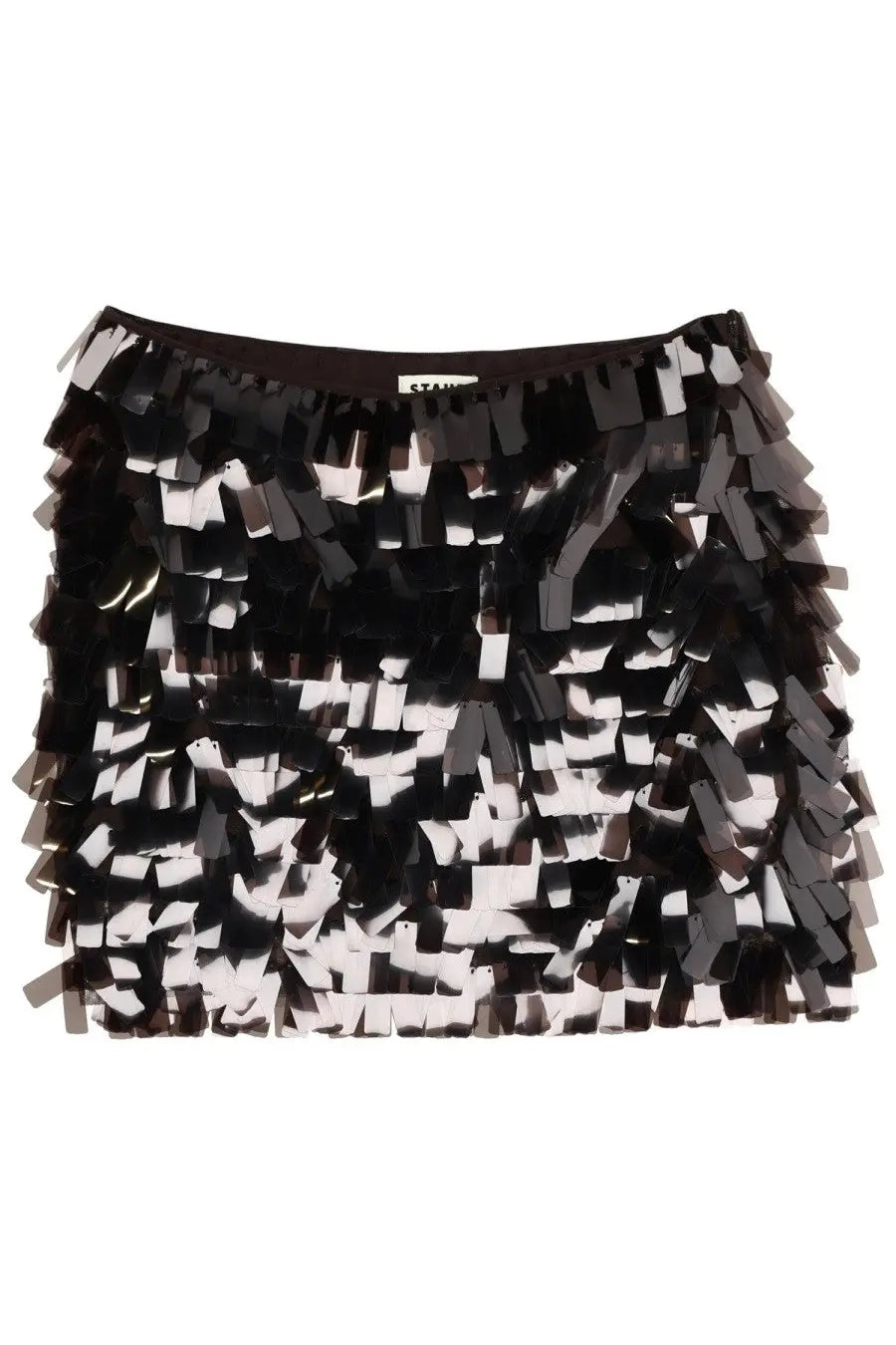 Staud women’s miniskirt in max brown with black and white sequined fringed layered design