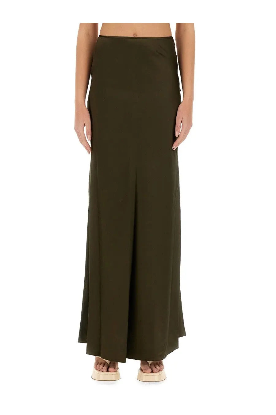 Olive green high-waisted wide-leg maxi skirt by Staud with smooth flowing fabric and a subtle side slit