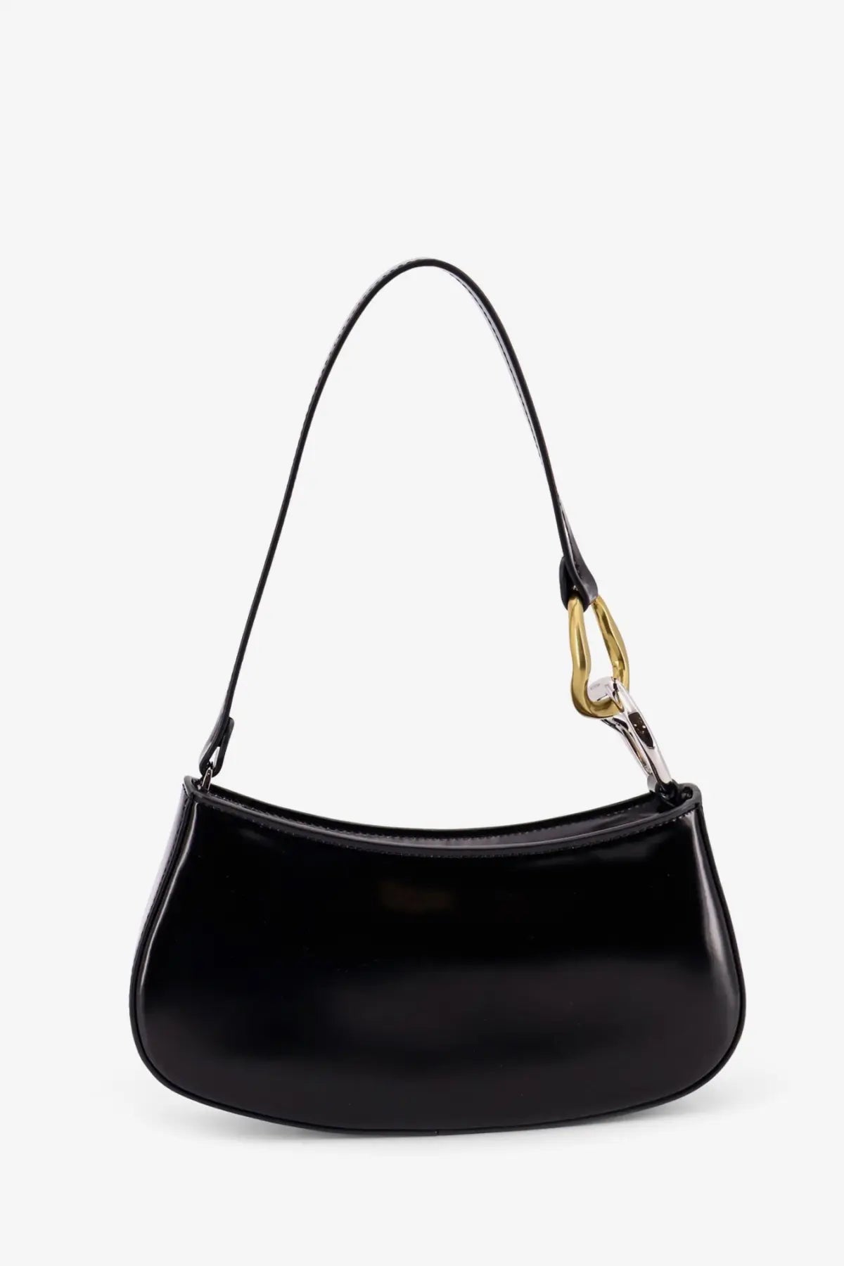 Staud women’s ollie black leather shoulder bag with glossy finish and gold-tone metal clasp and strap