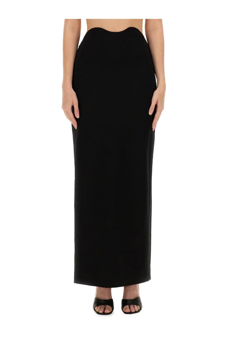 Black high-waisted midi skirt with sleek fabric and curved hemline from staud womens petunia skirt collection
