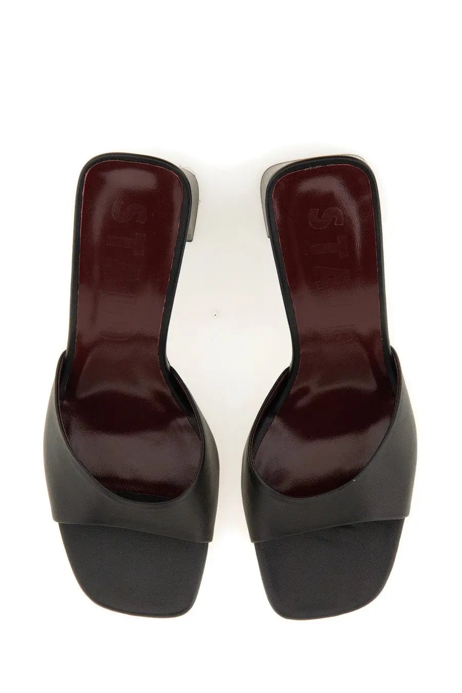 Black leather Staud women’s sandal Sloane in black with glossy finish and square toe design