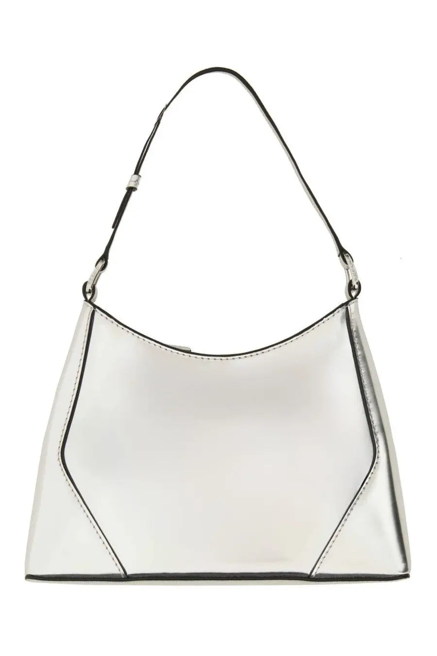 Staud women’s shoulder bag linda silver in metallic silver with black trim and stitching made of leather
