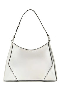 Staud women’s shoulder bag linda silver in metallic silver with black trim and stitching made of leather