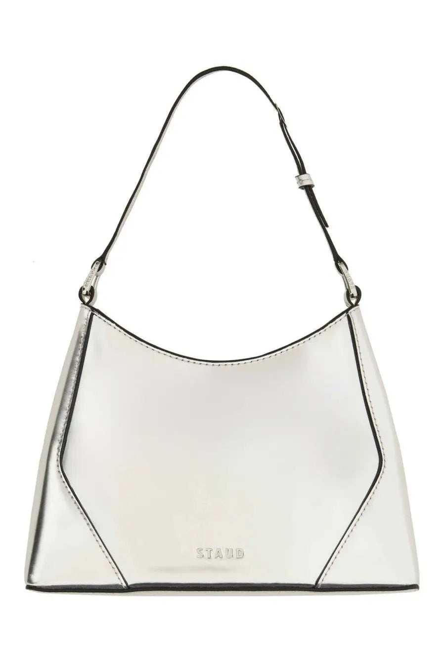 Staud women’s shoulder bag linda silver sleek silver metallic handbag with black trim and stand embossed front