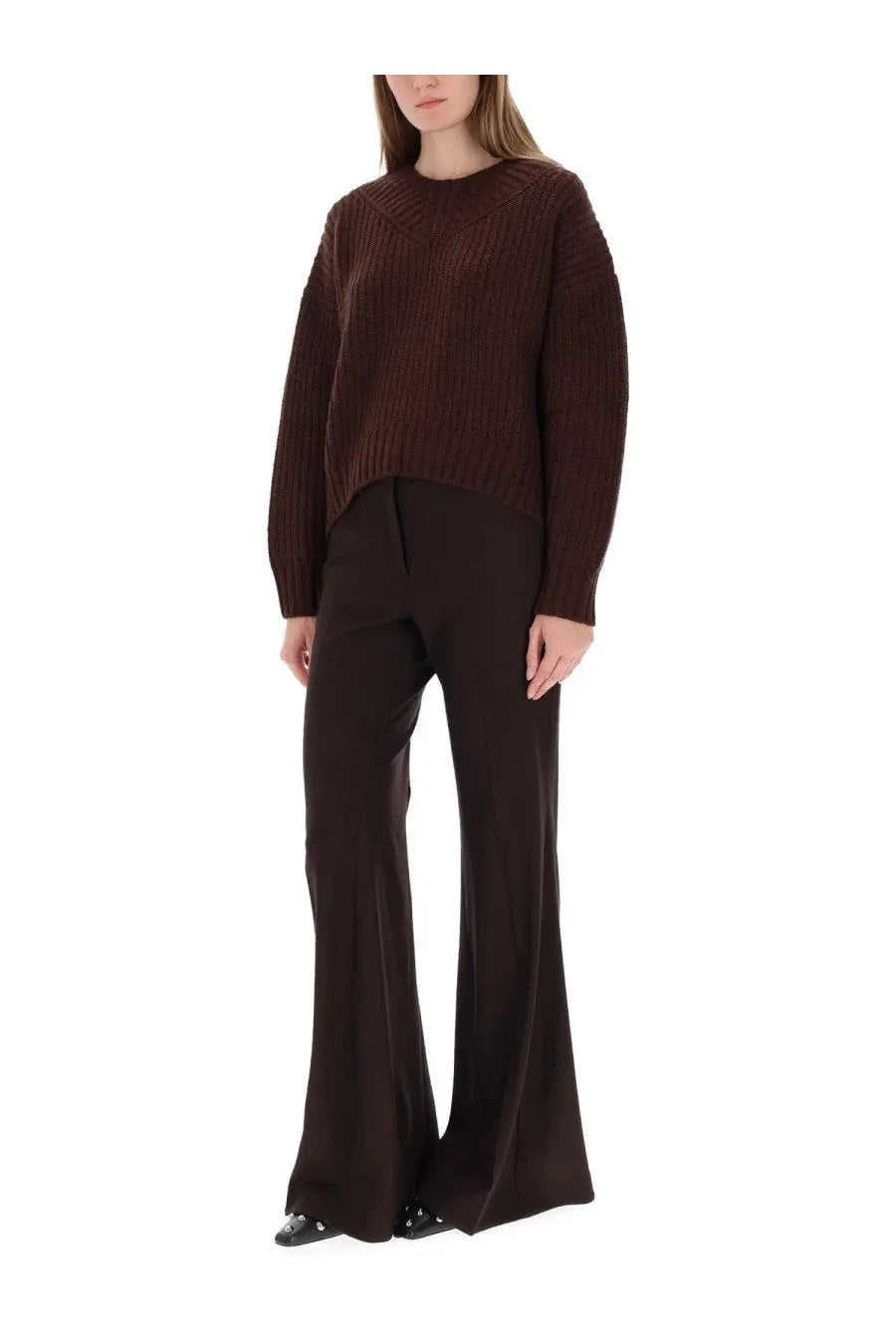 Staud women’s sweater eight brown cozy dark brown ribbed knit sweater with slightly cropped silhouette