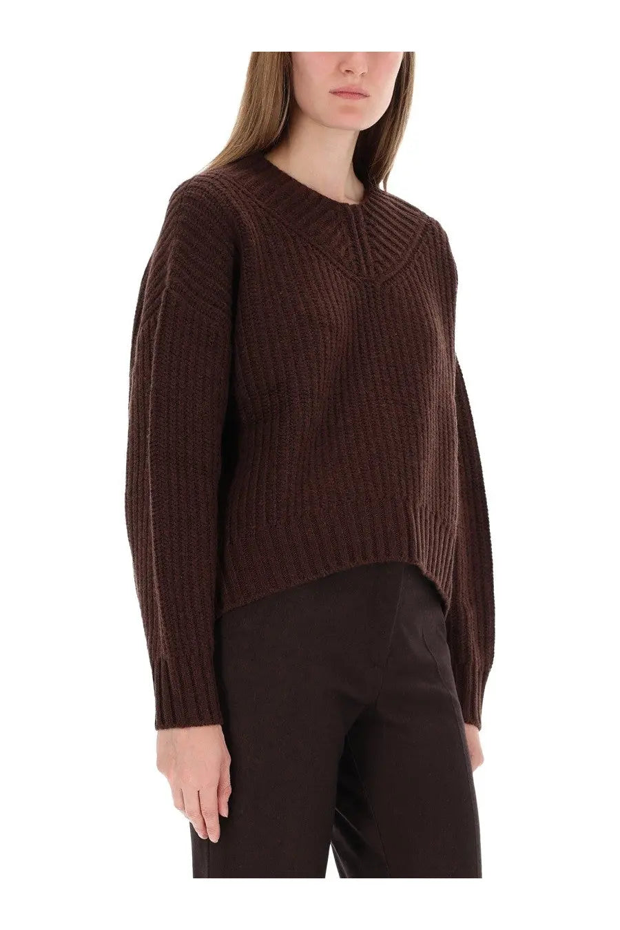 Staud women’s sweater eight brown rich brown ribbed knit slightly cropped long sleeve sweater front view