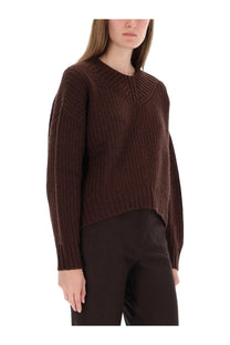Staud women’s sweater eight brown rich brown ribbed knit slightly cropped long sleeve sweater front view