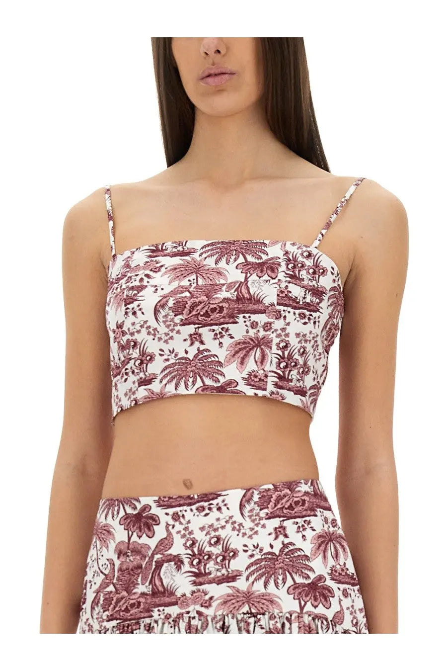 Staud women’s tank top federico red white and burgundy tropical print crop top with thin spaghetti straps