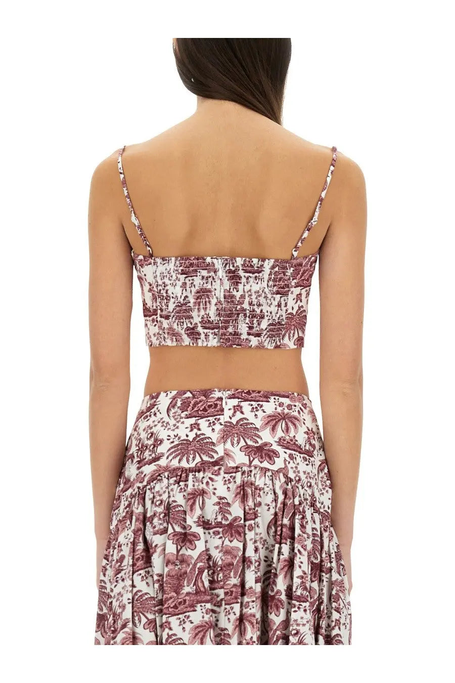 Staud women’s tank top federico red with white and burgundy tropical print crop top and thin spaghetti straps