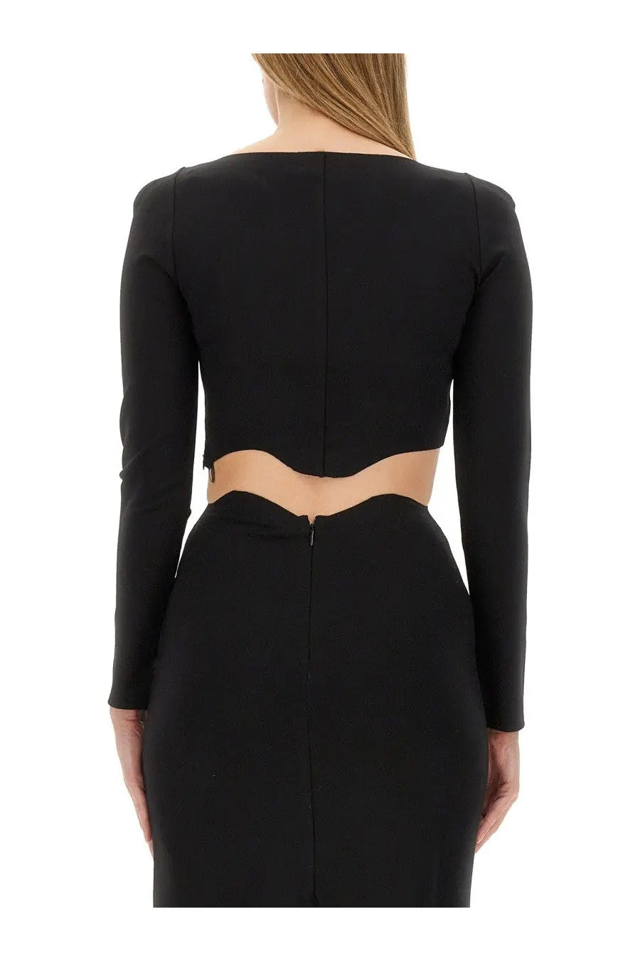 Staud women’s black long-sleeved crop top with curved waistline cutout made from soft fabric