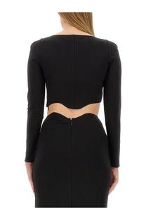 Staud women’s black long-sleeved crop top with curved waistline cutout made from soft fabric