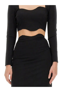 Black long-sleeved crop top with square neckline and curved waist cutout by Staud Women in Top Ropes Black
