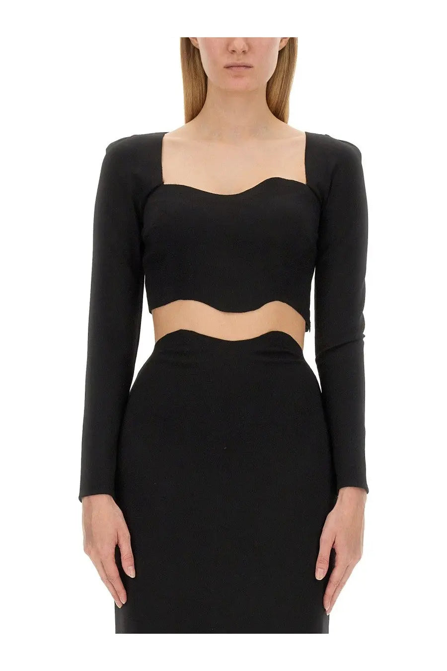 Staud women’s black long-sleeved crop top with square neckline and wavy waist cutout made from soft fabric