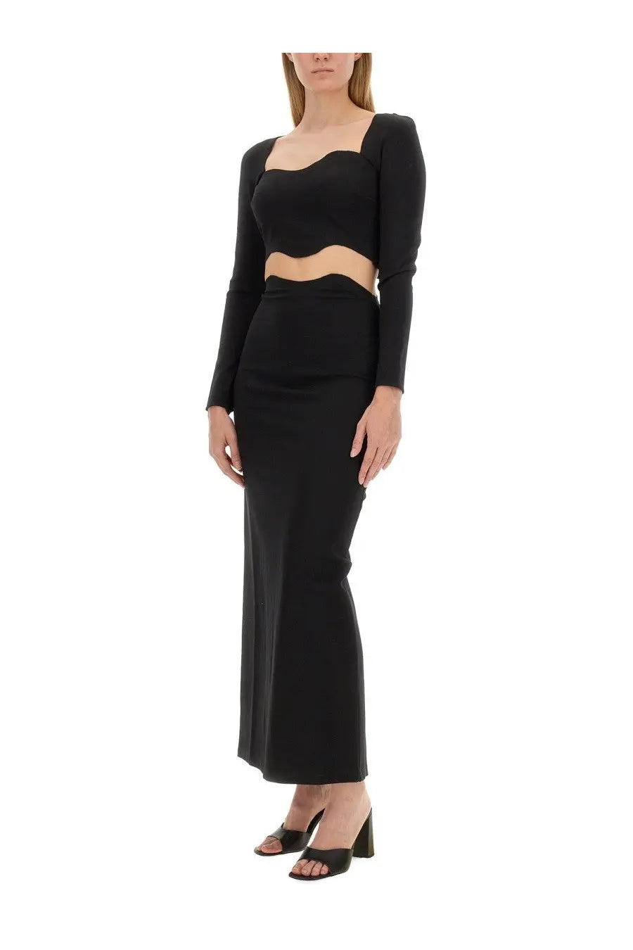 Staud women’s top ropes black long-sleeved crop top with square neckline paired with high-waisted pencil skirt