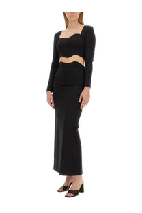 Staud women’s top ropes black long-sleeved crop top with square neckline paired with high-waisted pencil skirt