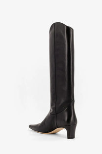 Staud women’s western Wally leather boot black with pointed toe and low block heel in black leather