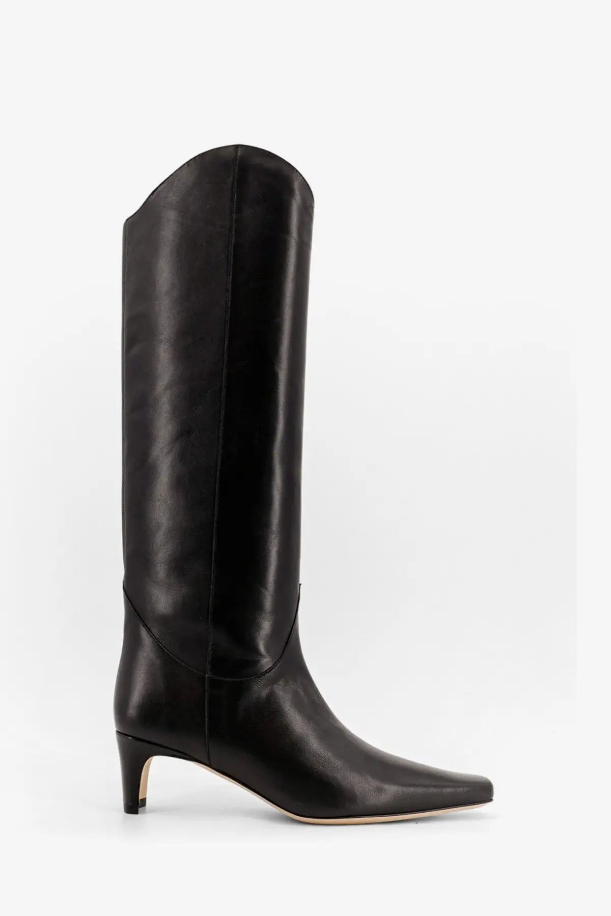 Black leather knee-high western boot with pointed toe and low heel by Staud womens western Wally boot black