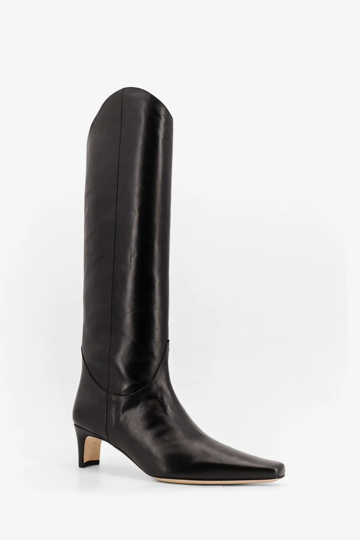 Black leather knee-high Staud women’s Western Wally boot with pointed toe and low block heel