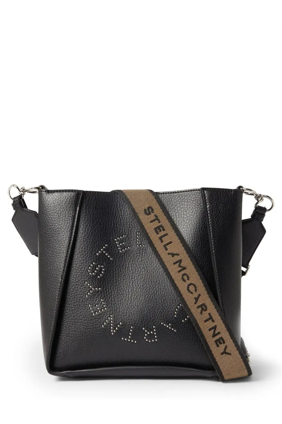 Stella McCartney women’s black leather bucket bag with tan strap featuring the Stella McCartney logo in black lettering