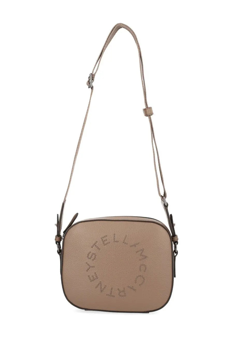Beige leather crossbody bag by Stella McCartney with circular logo embossed on the front in bag room beige color