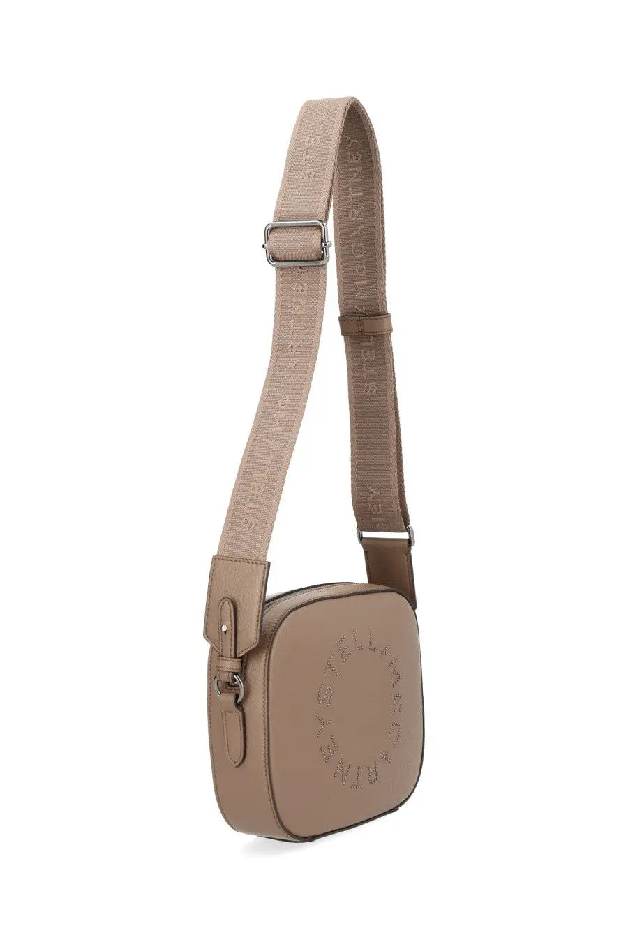 Beige Stella McCartney women’s crossbody bag with embossed logo and matching strap in rectangular shape