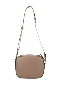 Stella McCartney women’s beige textured leather crossbody bag with adjustable strap and dark brown trim