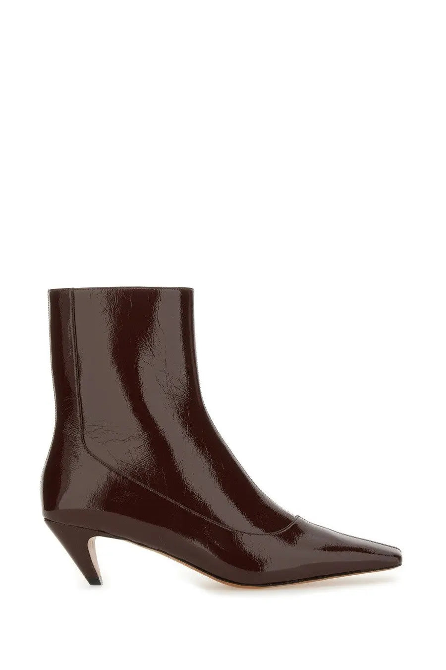 Burgundy patent leather ankle boot with pointed toe and slender heel in Stella McCartney women’s Boot Spur Red model