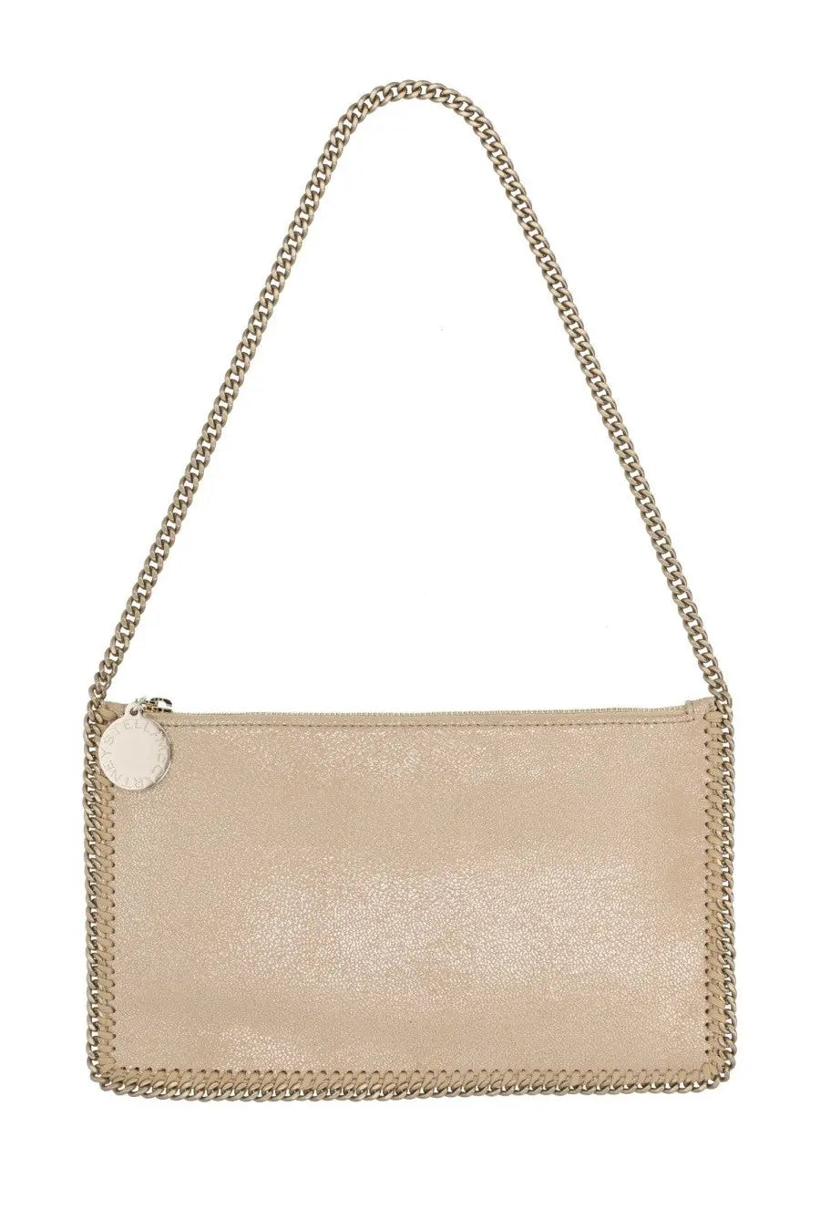 Stella McCartney women’s beige metallic leather falabella crossbody bag with chain strap and signature stitched edge