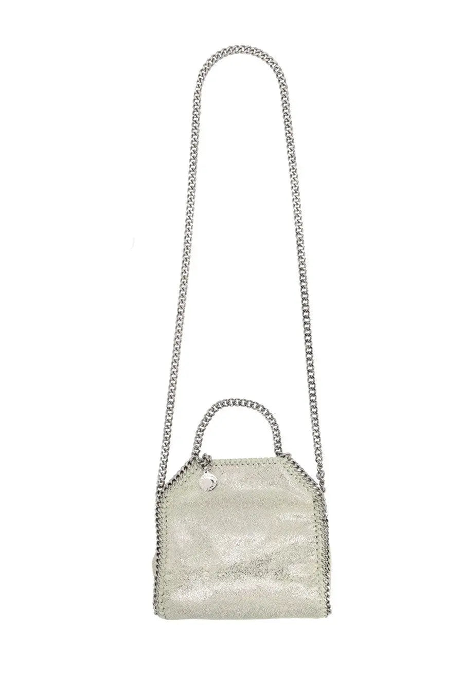 A sleek silver metallic Stella McCartney womens Borsa Falabella micro handbag with chain strap and stitched edge design
