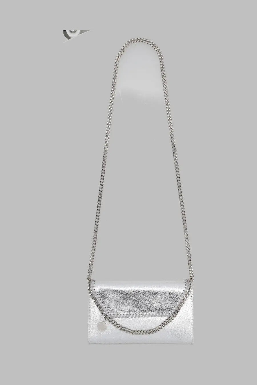 Stella McCartney women’s borsa falabella mini silver crossbody bag with silver metallic chain strap and subtle front texture