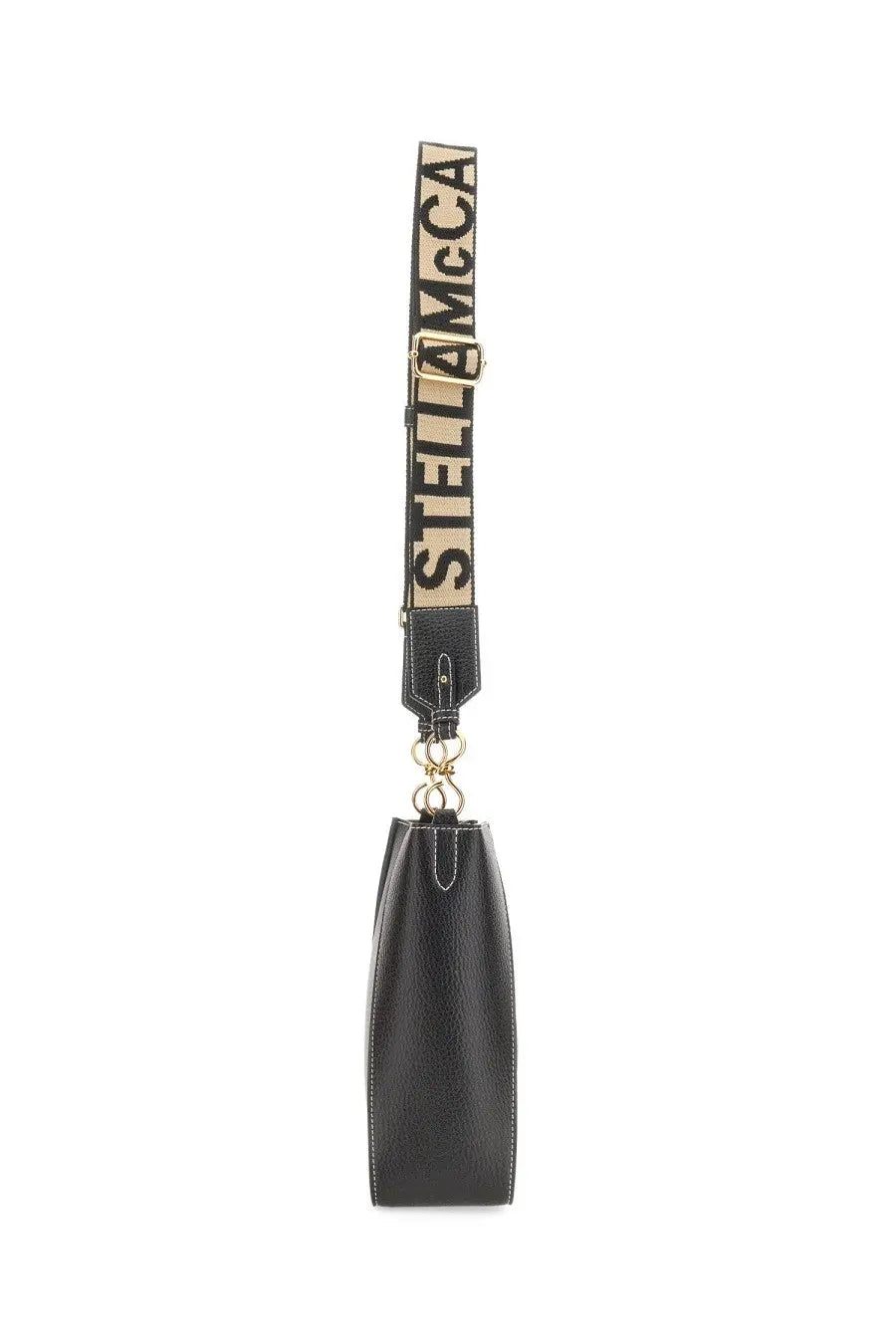 Stella McCartney women’s black leather crossbody bag with beige and black striped logo strap for shoulder wear