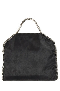 Stella McCartney women’s black suede borsa tote falabella fold over handbag with silver chain detailing