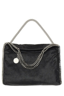 Stella McCartney women’s borsa tote falabella fold over black handbag in black velvet with silver chain straps and circular tag