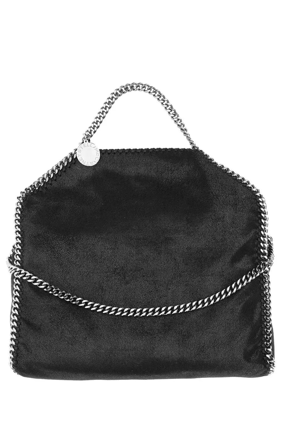 Stella McCartney women’s borsa tote falabella fold over black velvet handbag with silver chain detailing and circular tag