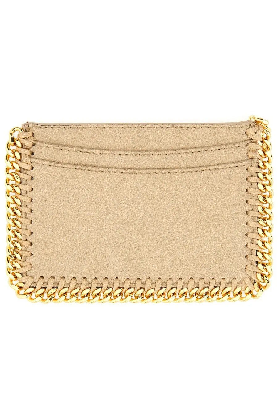 Beige suede stella mccartney womens card holder with gold-tone chain detailing and falabella design