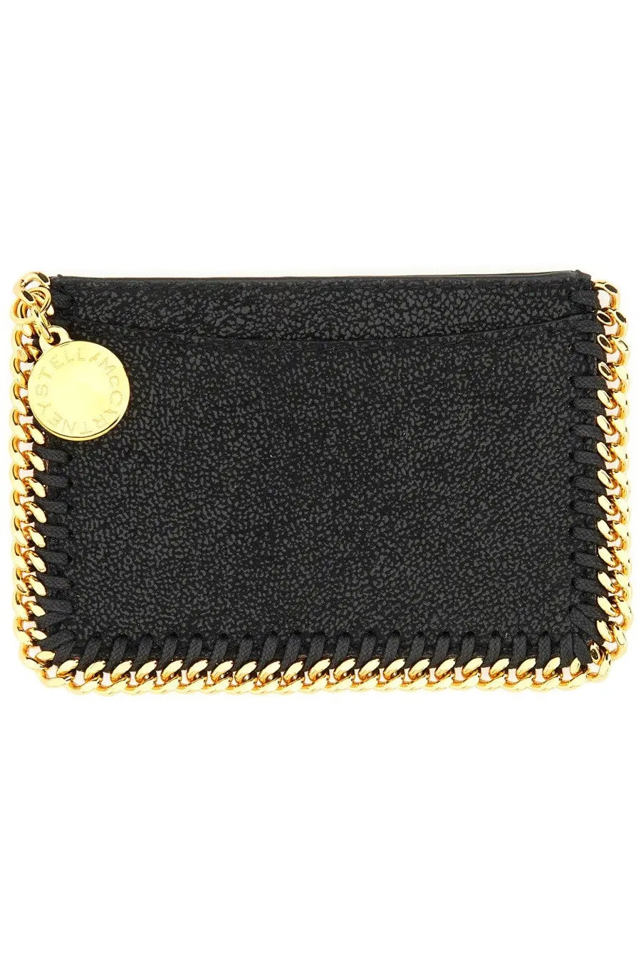 Stella McCartney women’s black card holder in textured leather with gold-tone chain trim and circular branded tag