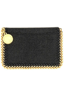 Stella McCartney women’s black card holder in textured leather with gold-tone chain trim and circular branded tag