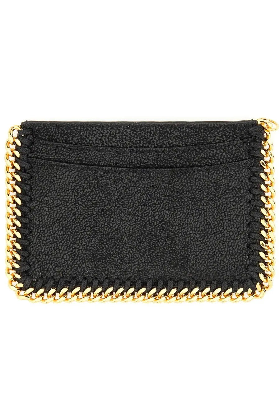 Stella McCartney women’s card holder in black textured leather with gold-tone chain detailing