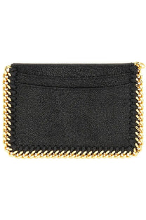 Stella McCartney women’s card holder in black textured leather with gold-tone chain detailing
