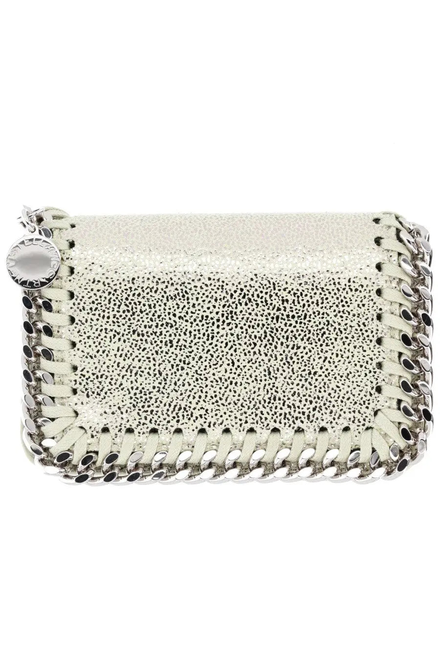 Stella McCartney women’s silver card holder falabella with silver metallic chain stitch and textured pebbled leather body