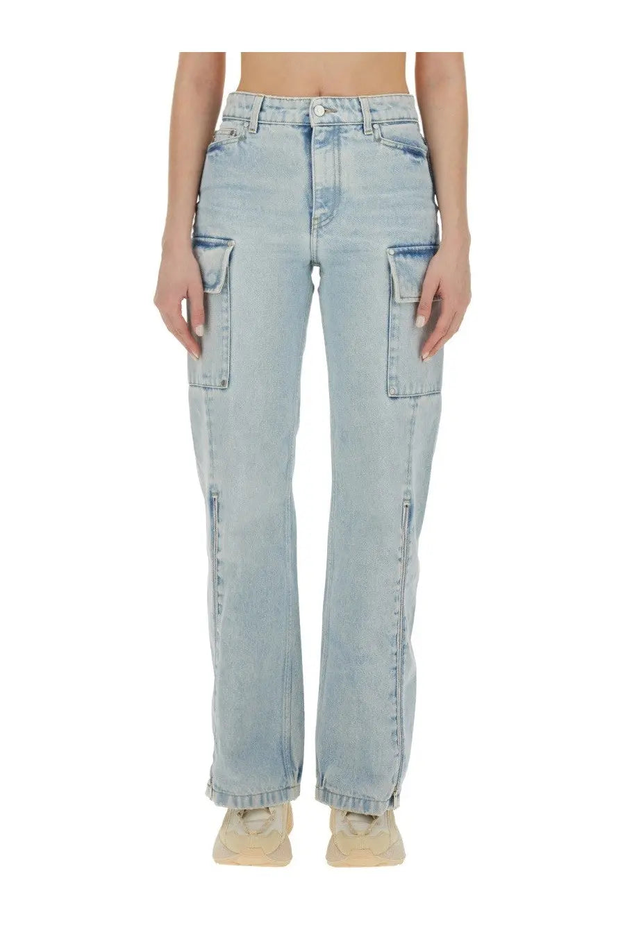 Stella McCartney women’s light-wash denim cargo jeans in blue with large flap pockets and a straight-leg cut