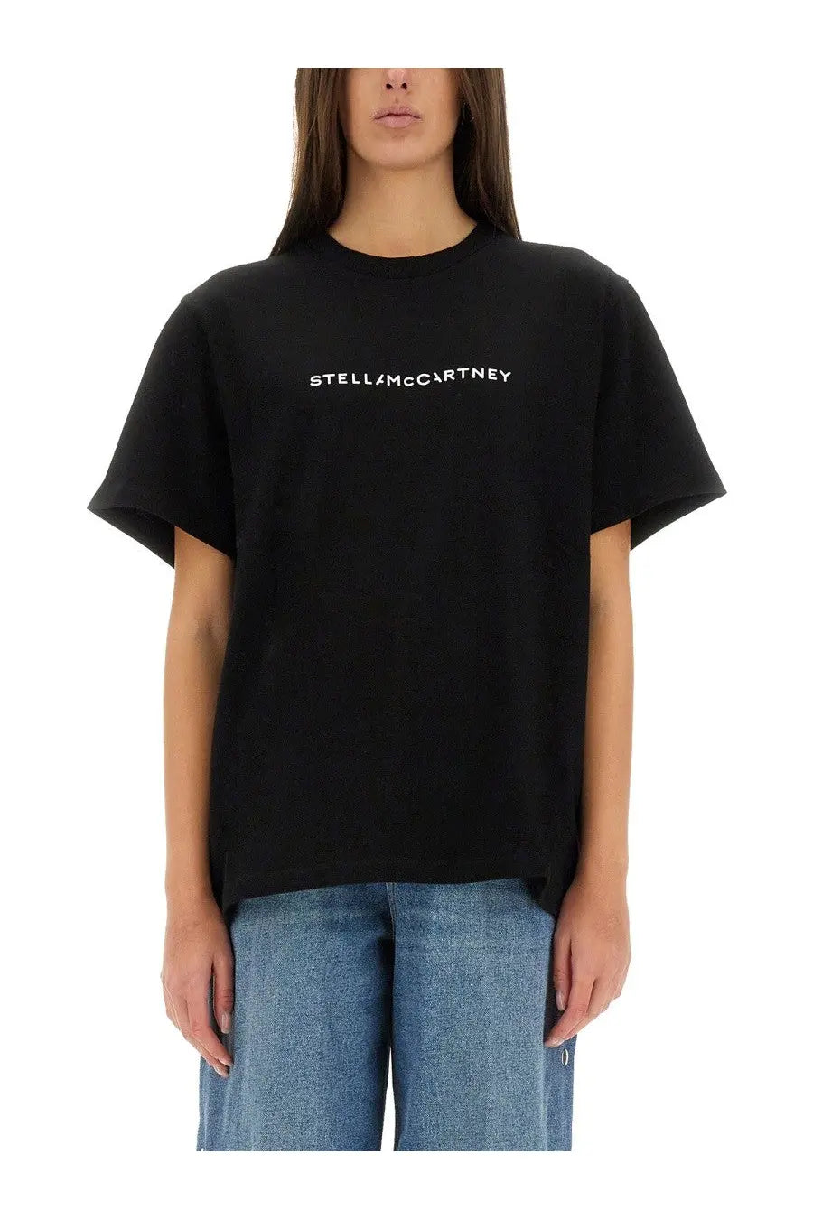 Black stella mccartney women’s cotton t-shirt with white embroidered logo across the chest