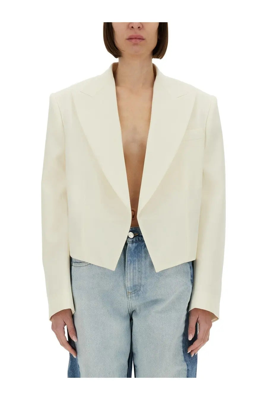Stella McCartney women’s cream-colored tailored cropped blazer with structured silhouette and notched lapels