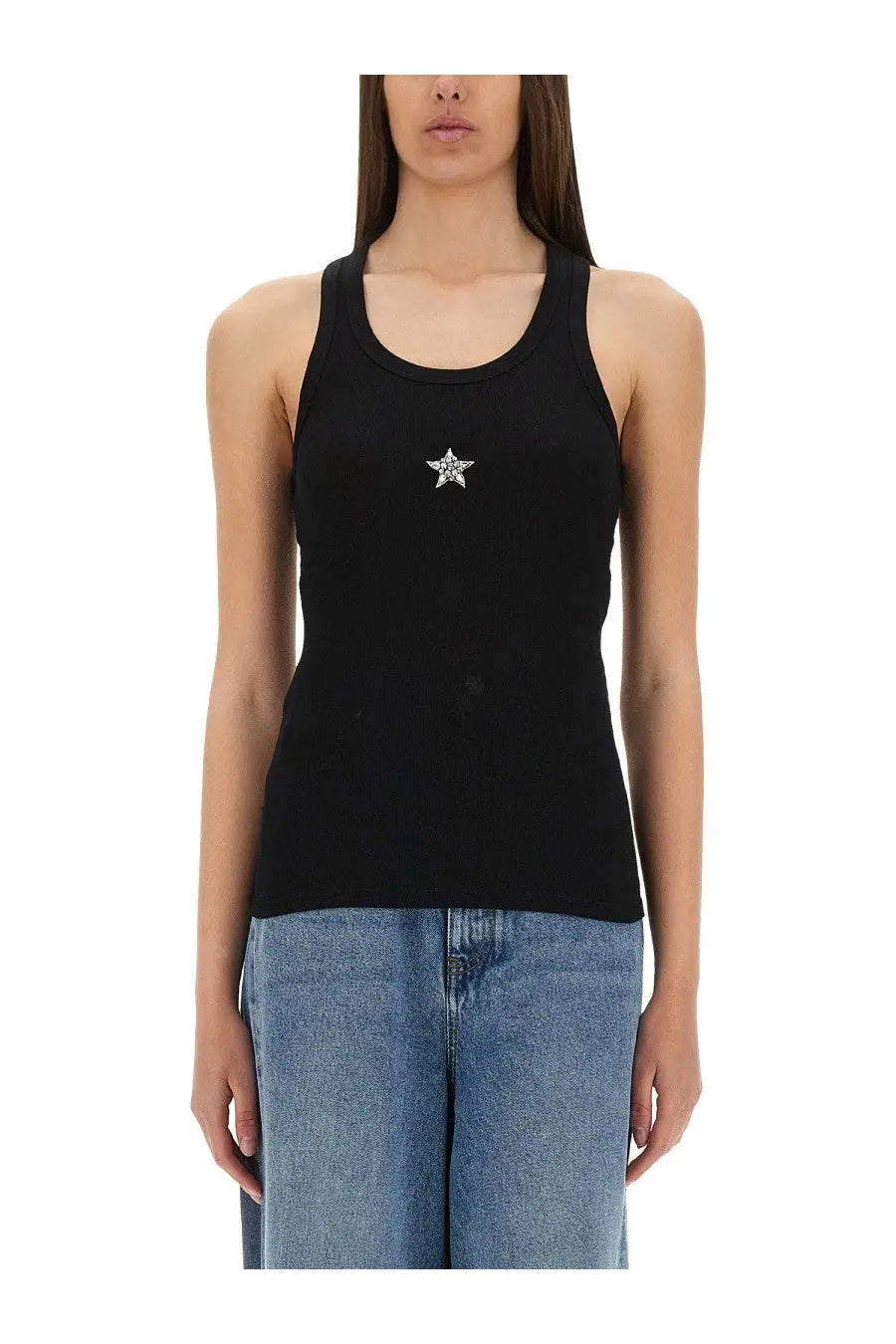Stella McCartney women’s black sleeveless tank top with a sparkling silver crystal star embellishment at the center