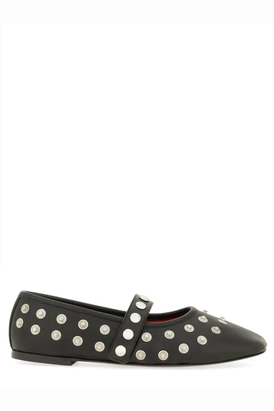 Stella McCartney women’s dancer Ryder black leather flat shoe with silver studs and strap across the instep
