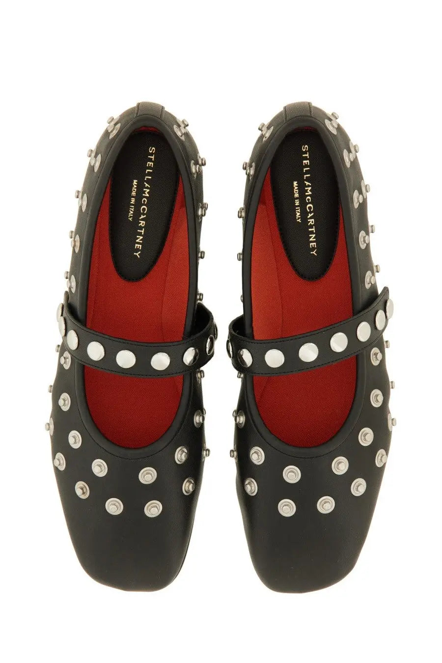 Stella McCartney women’s dancer Ryder black leather mary jane flats with silver studs and red interior lining