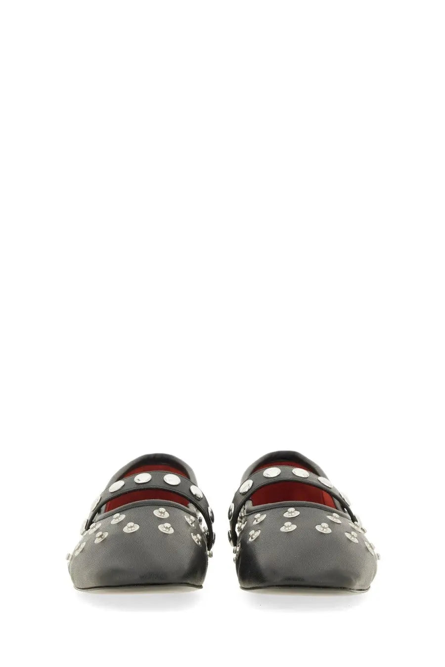 Black leather mary jane flats by stella mccartney adorned with silver heart-shaped studs, front view