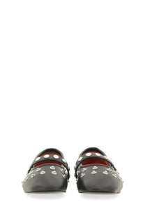 Black leather mary jane flats by stella mccartney adorned with silver heart-shaped studs, front view