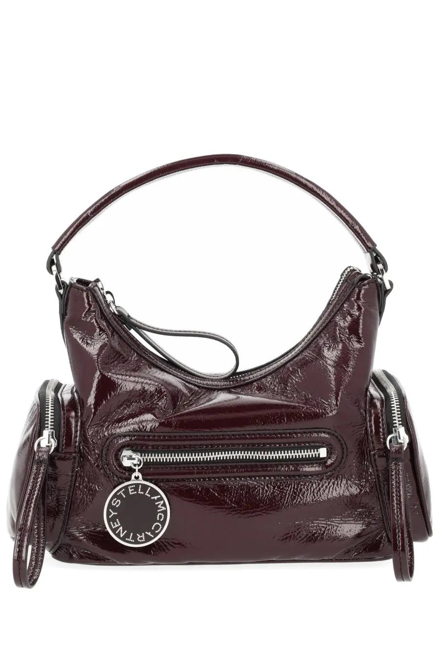 Stella mccartney women’s dartmoor bag brown glossy burgundy patent leather hobo bag with silver zippers and metal tag